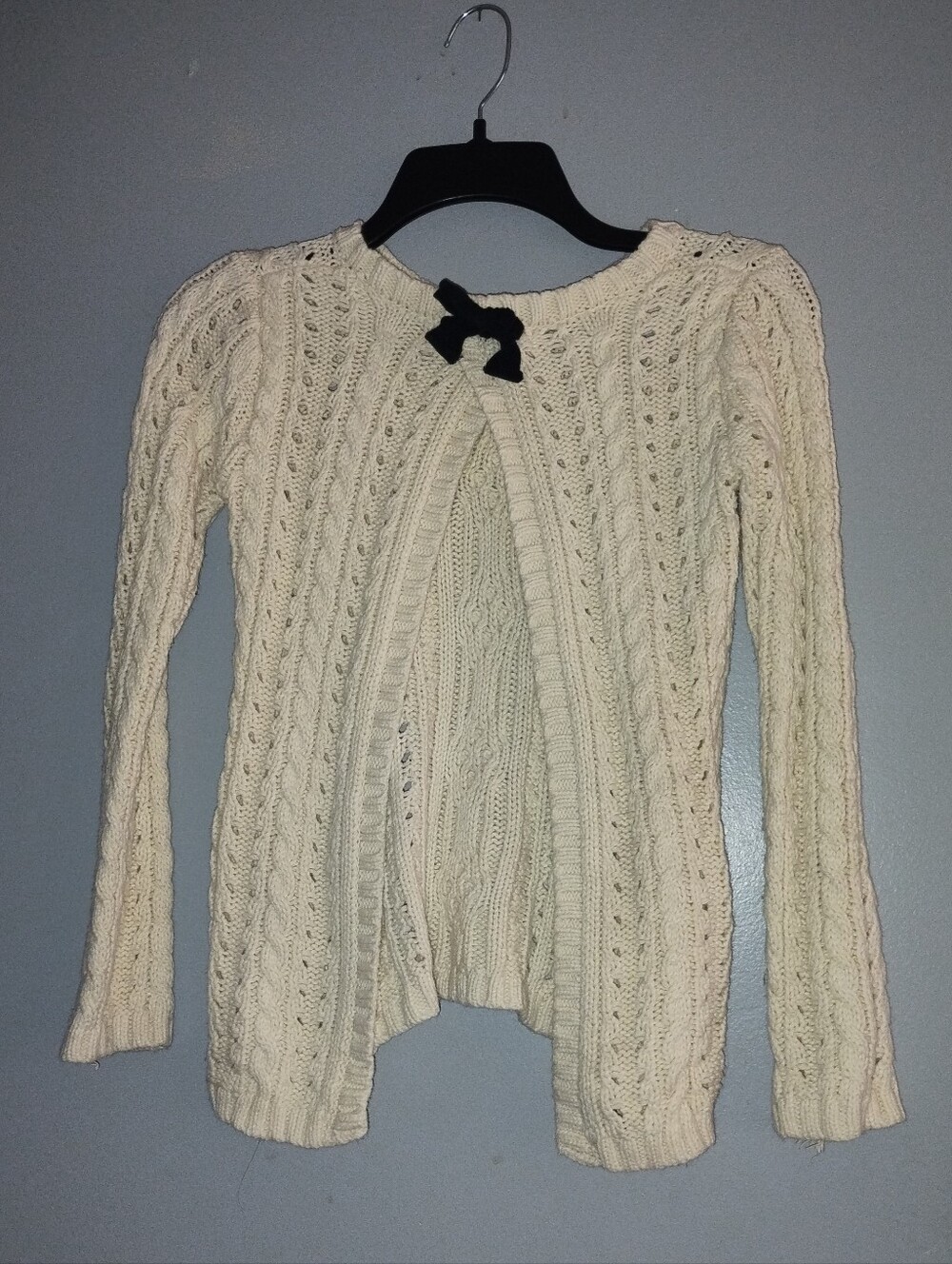 Max Studio Cream Cable Knit Open Cardigan with Black Bow Accent